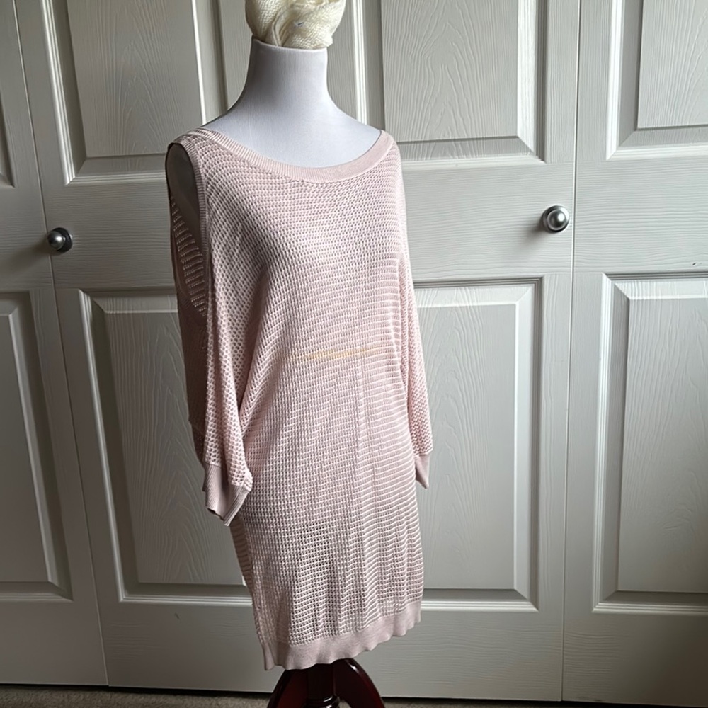 Champaign Pink Dolman Sleeve Bateau Neck Peek A Boo Shoulder Lightweight Sweater